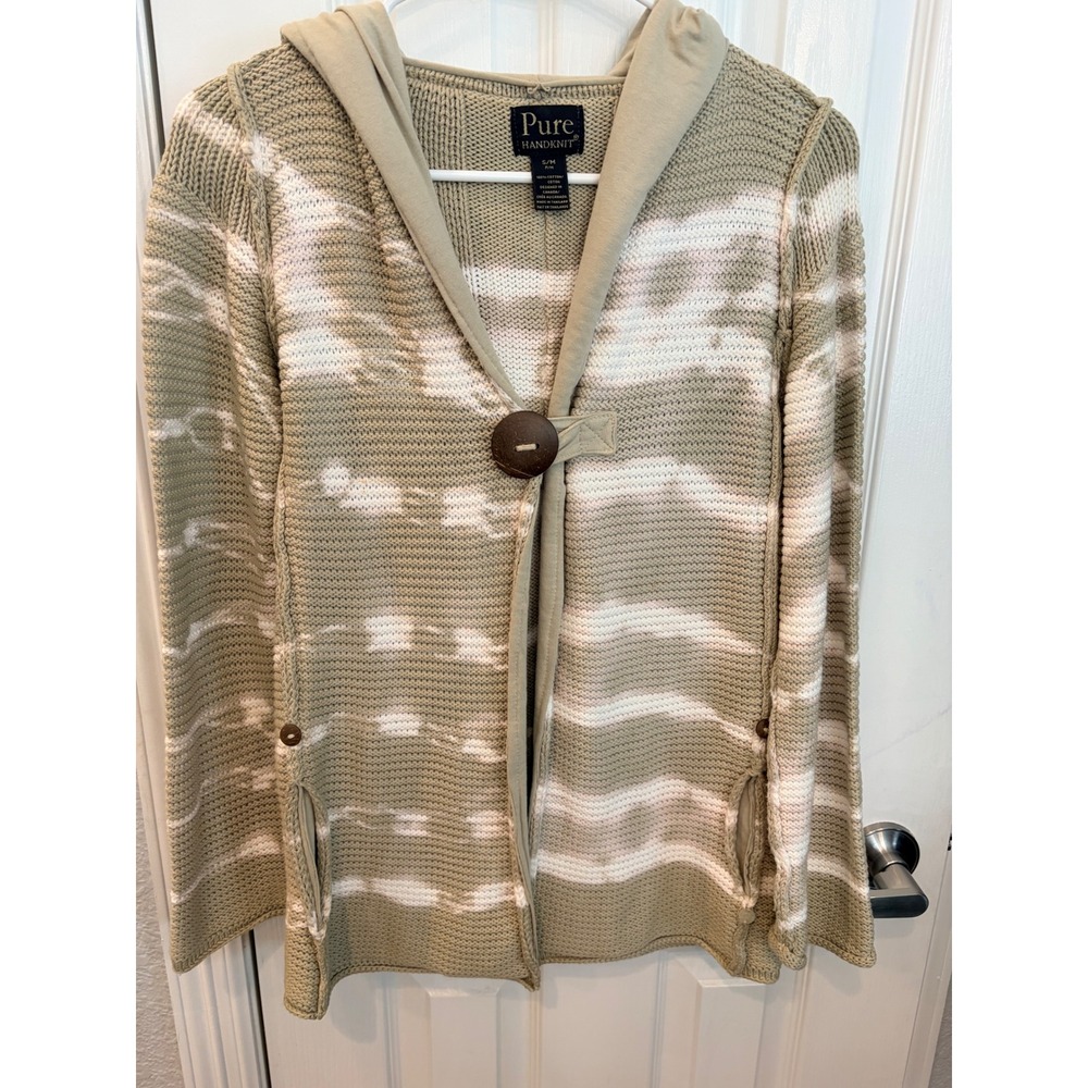 Pure Handknit Cardigan Green Tie Dye Hooded Cotton Sweater Boho Button Pockets
